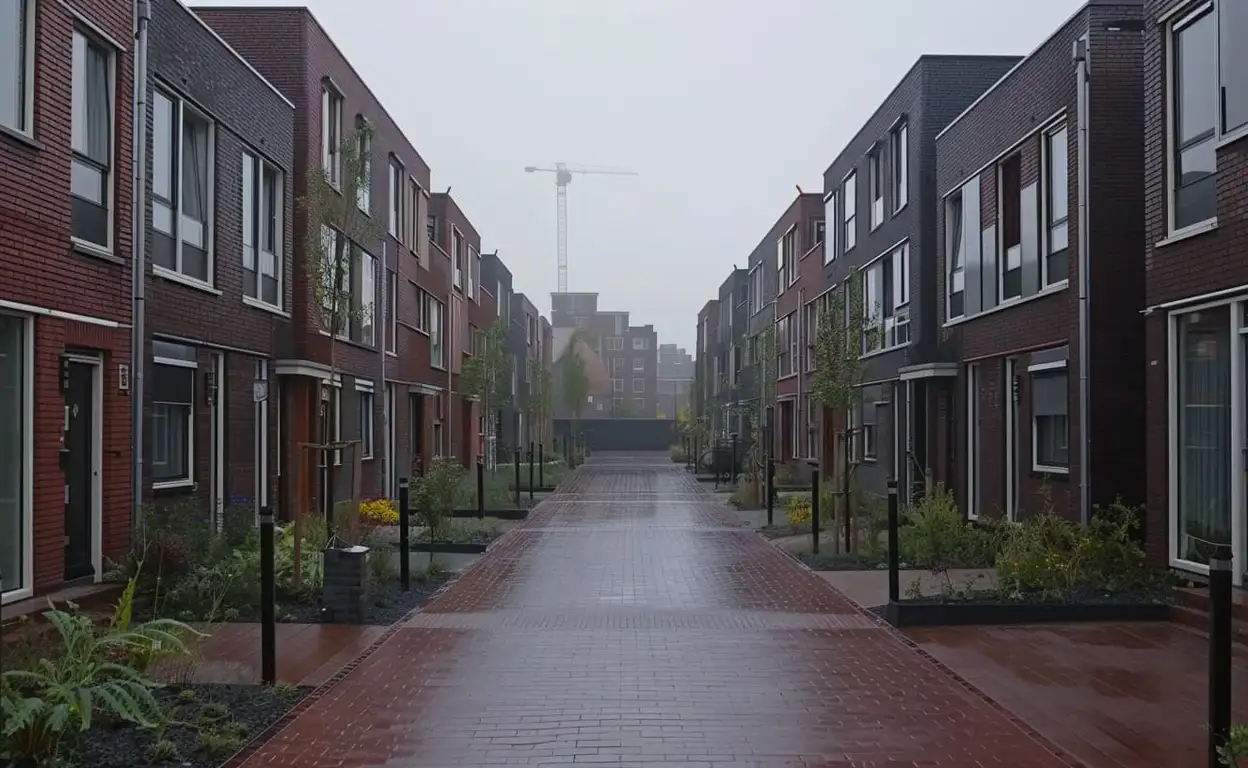 Verschillende huurwoningen naast elkaar met donkere wolken er boven.