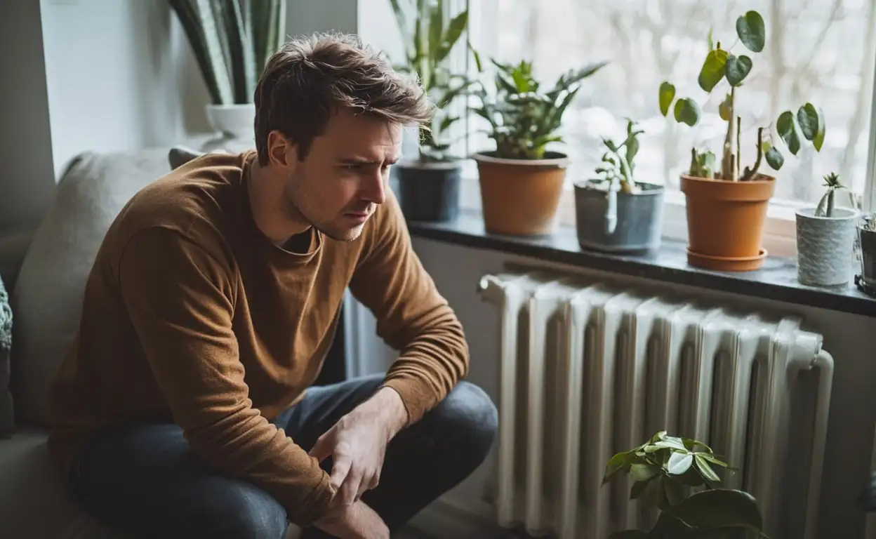 Een mannelijke huurder zit gefrustreerd bij de verwarming omdat hij niet werkt.