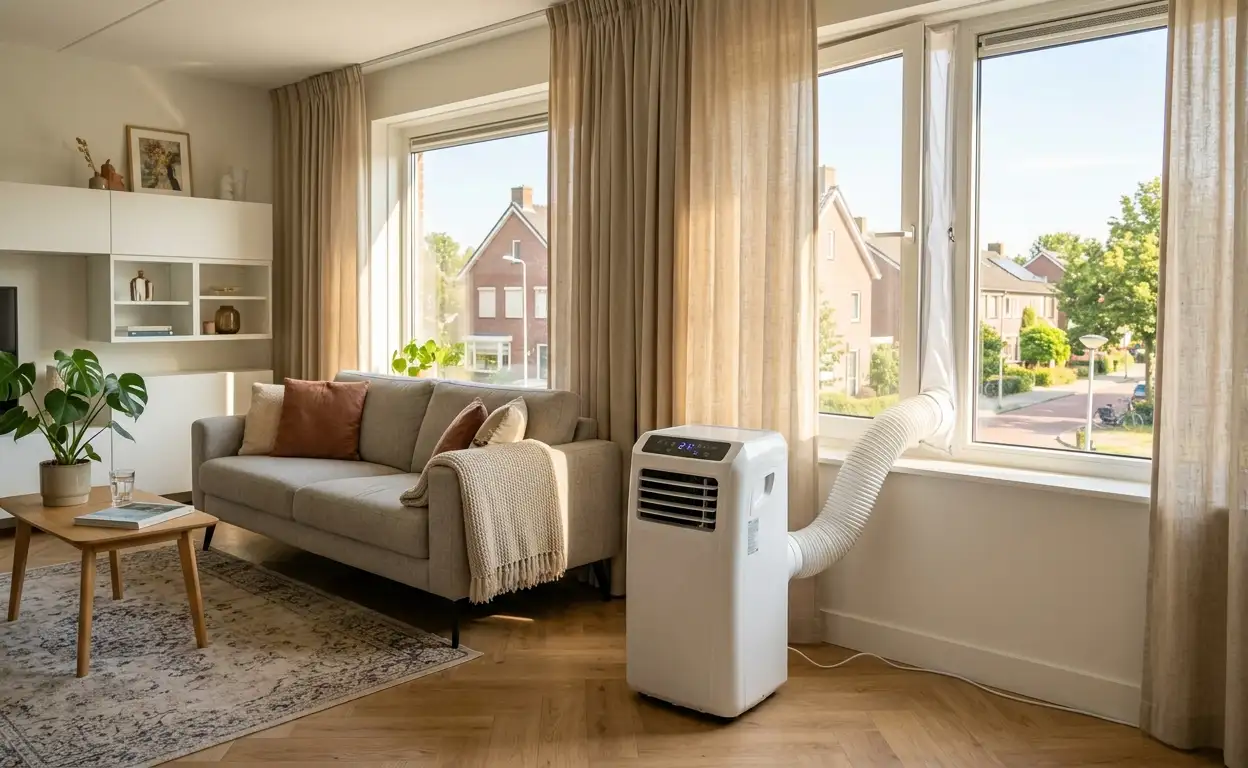 Mobiele airco in een lichte woonkamer op een warme dag