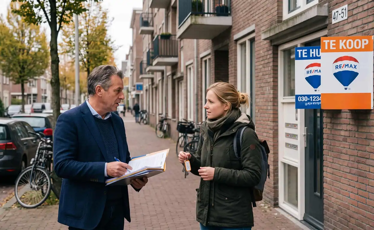 Nederlandse woonstraat met huurder, verhuurder en huur- en koopborden