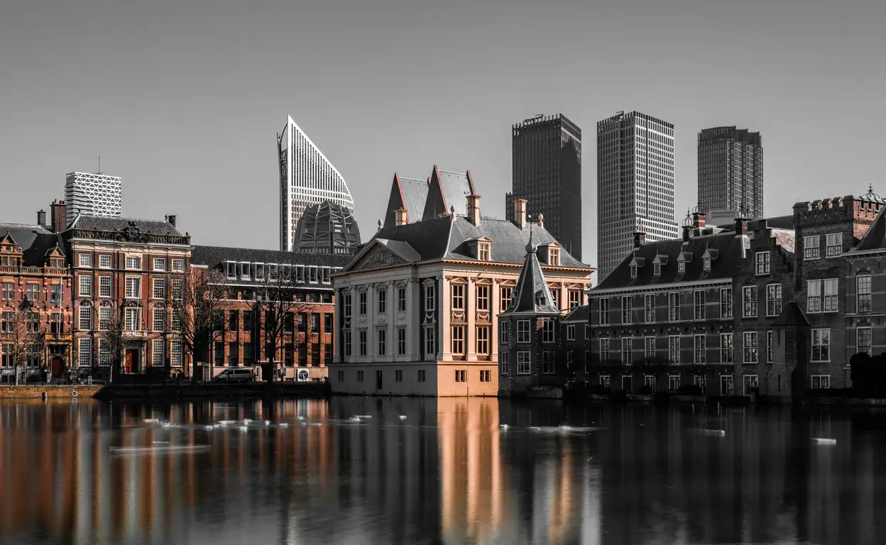 Aangezicht van de hofvijver met de skyline van Den haag op de achtergrond