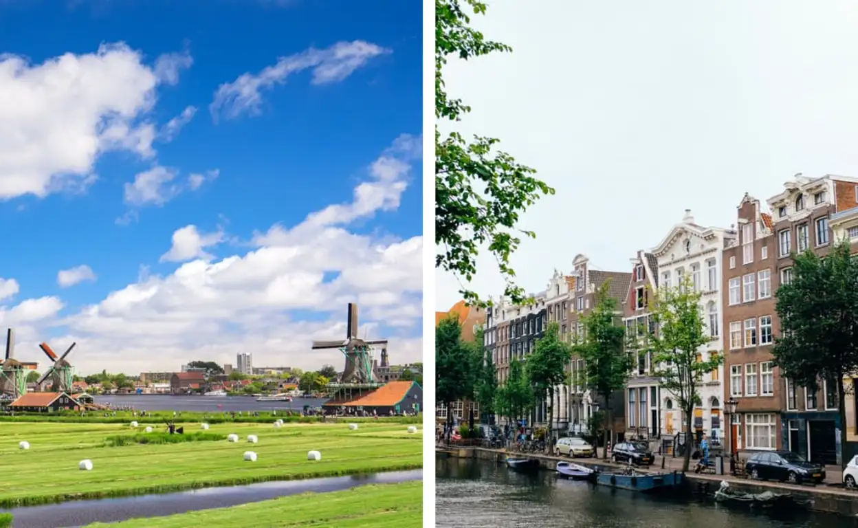 Het platteland met Nederlandse molens versus grachtenpanden in Amsterdam