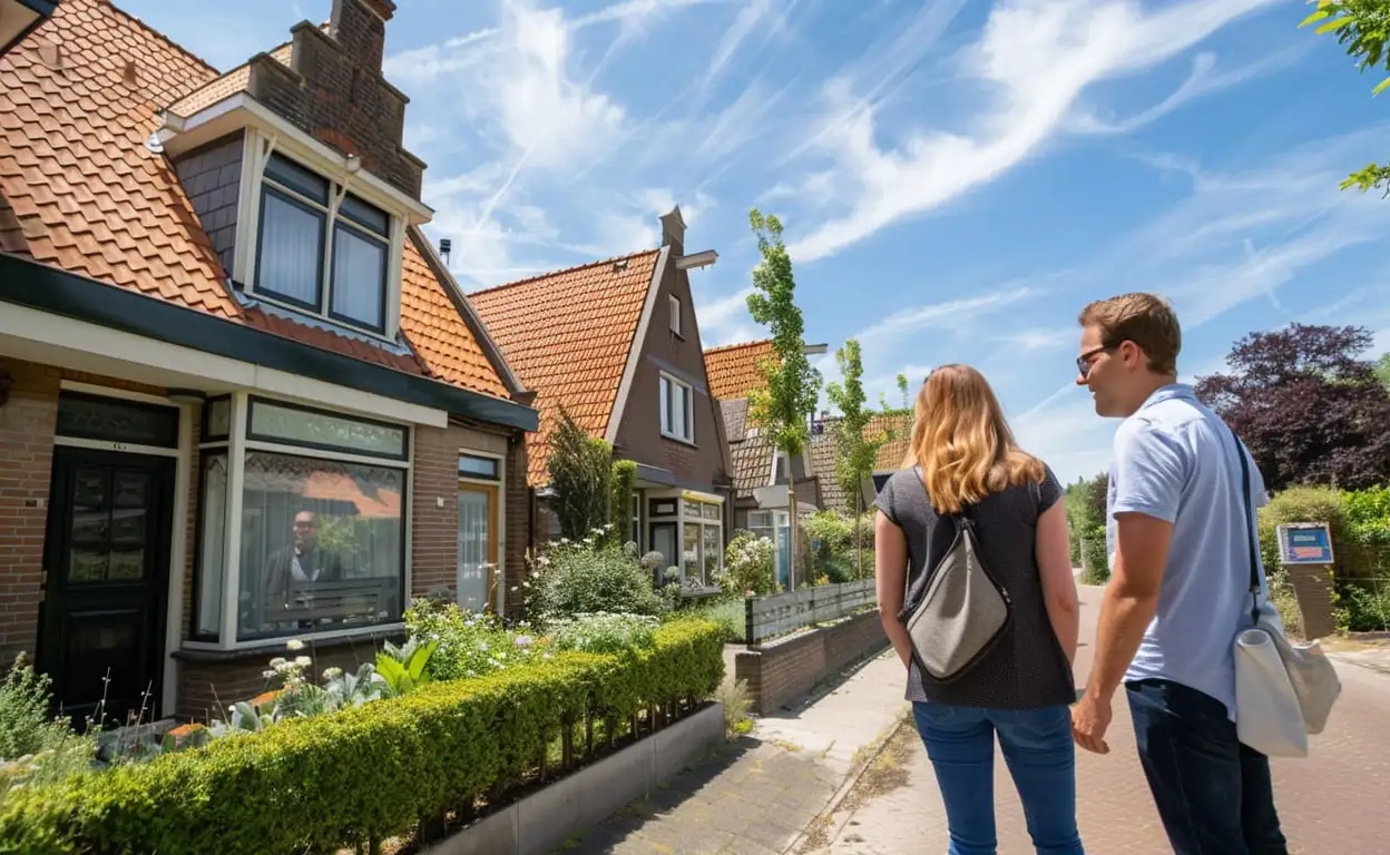 Een koppel staat voor de woning die ze gaan bezichtigen