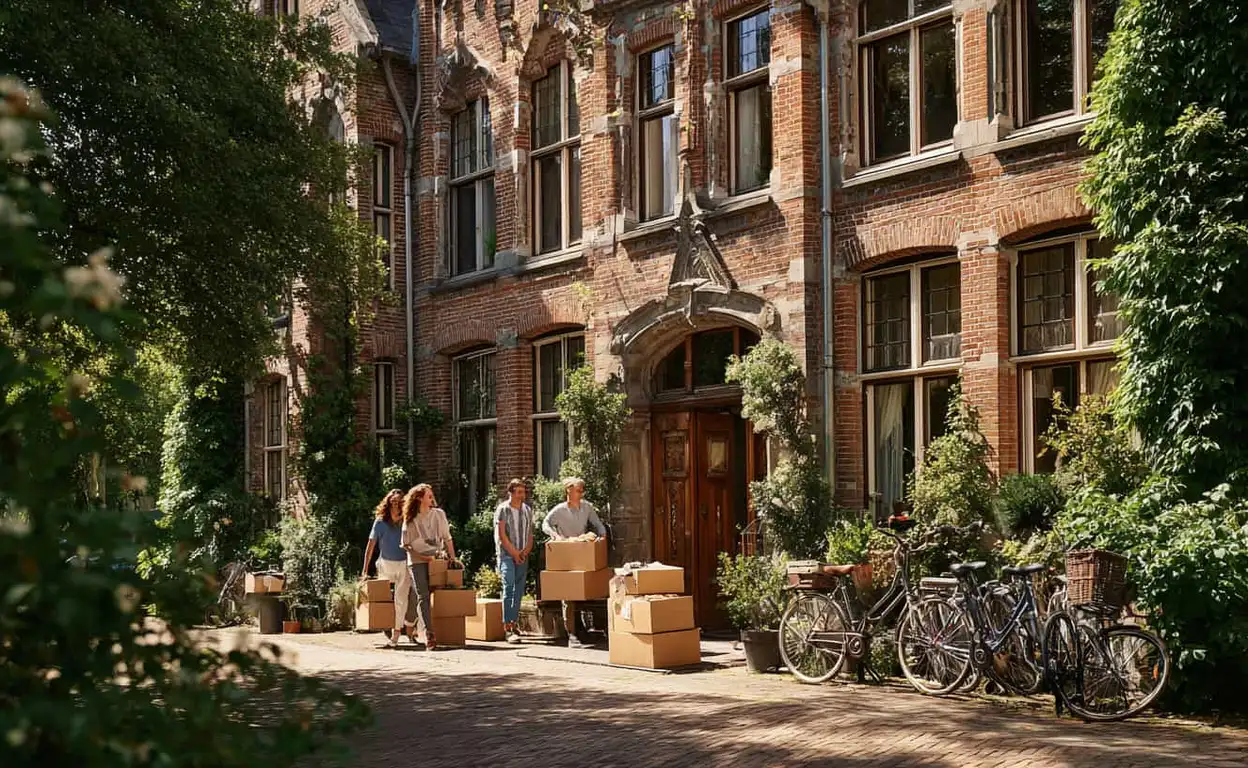 Nederlandse studenten verhuizen zomers naar klassiek grachtenpand, dozen en fietsen in handen.