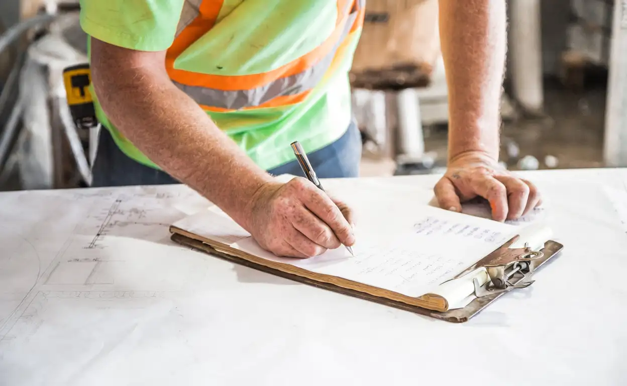 Man met hesje voert APK voor huurwoningen uit.