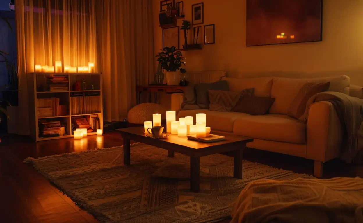 Warme woonkamer inspiratie voor de winter met kaarsen, vloerkleden, sierkussens en dekentjes.