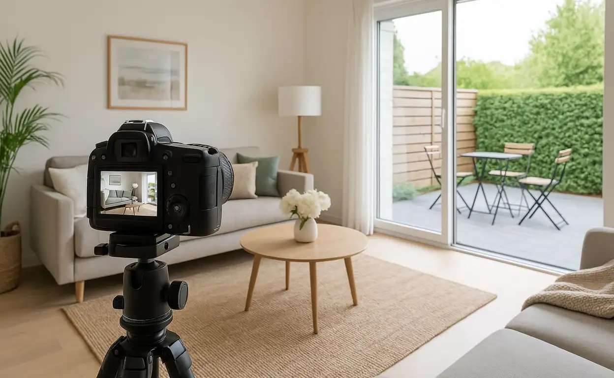 Een camera op een statief die fotos maakt van een huurwoning.