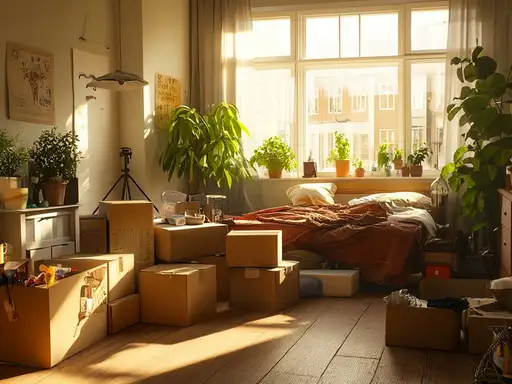 Verhuisdozen staan in een appartement vol spullen wat duidt op een goede uitzet checklist.