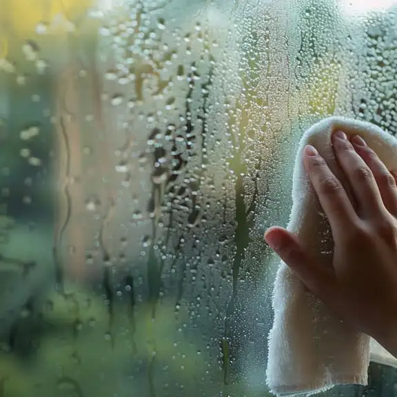 Een raam is beslagen door de hoge luchtvochtigheid en een hand veegt het raam droog met een doekje