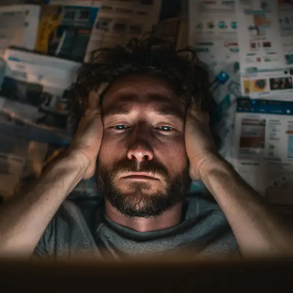 Een gefrustreerde man zit met zijn handen in het haar omringt door huurwoningadvertenties.