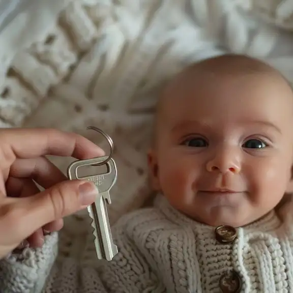 Een lachende baby die een huissleutel krijgt aangereikt.