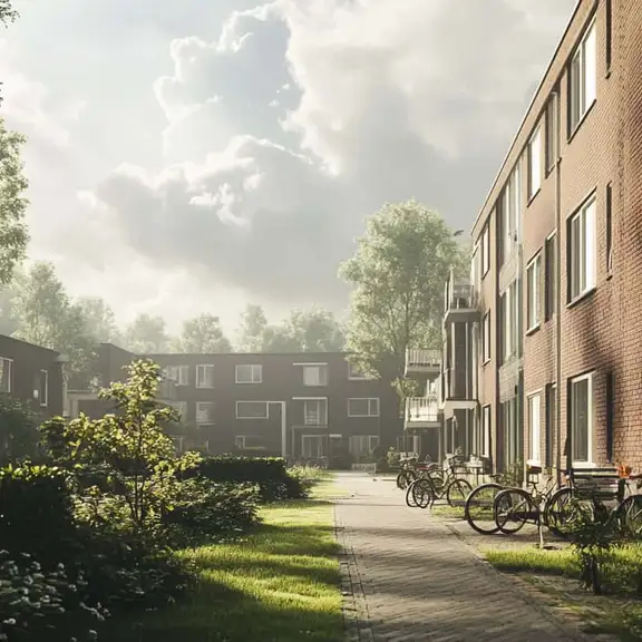 Sociale huurwoningen in Nederland op lentedag met wolken.