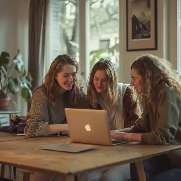 Drie vrouwelijke studenten zitten aan tafel en kijken naar een laptop