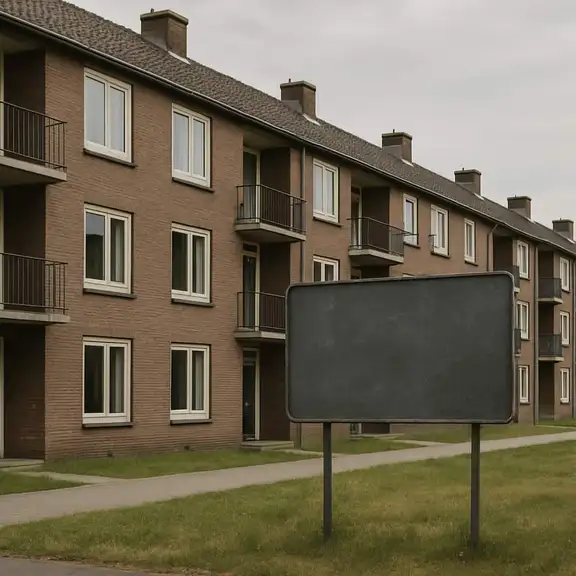 Rij bakstenen appartementen met leeg bord op grasveld onder een grijze lucht.