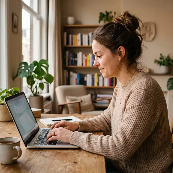 Woningzoeker typt hoopvol een reactie op een huurwoning op een laptop
