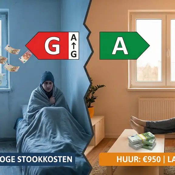 Een vergelijking tussen een koude huurwoning met energielabel G en een warme woning met label A.