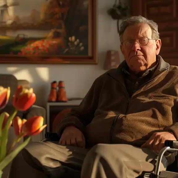 Man in een rolstoel in een mantelzorgwoning.