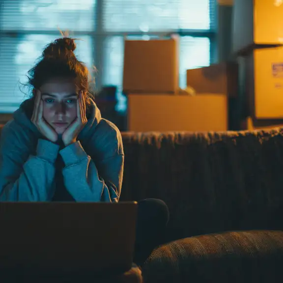 Gestresste vrouw zoekt naar huurwoning op laptop in een donkere kamer.