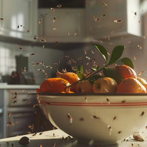 Een fruitschaal met daaromheen een zwerm fruitvliegjes