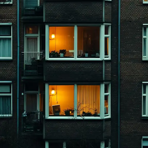 Nederlandse appartementen in de avond. De lichten staan aan in de woonkamers