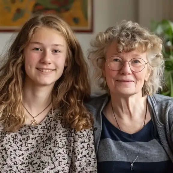 Een oudere vrouw zit samen met een studente op de bank