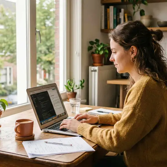 Jonge huurder werkt thuis op laptop aan keukentafel