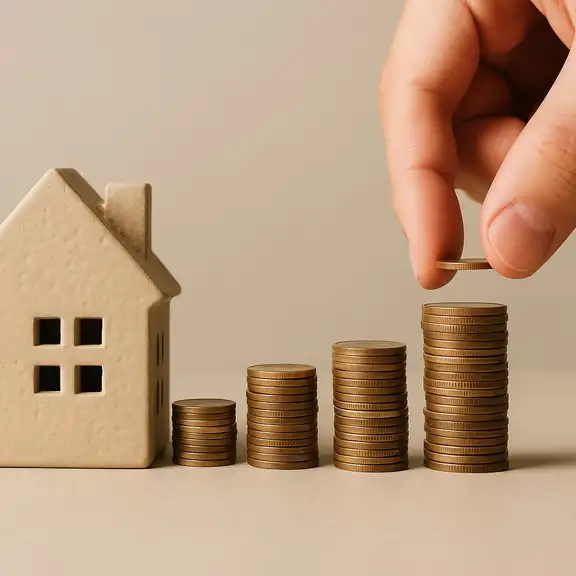 Een wit huisje met stapeltjes muntgeld aan de zijkant.