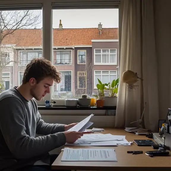 Een jonge huurder zit aan zijn bureau documenten te lezen.