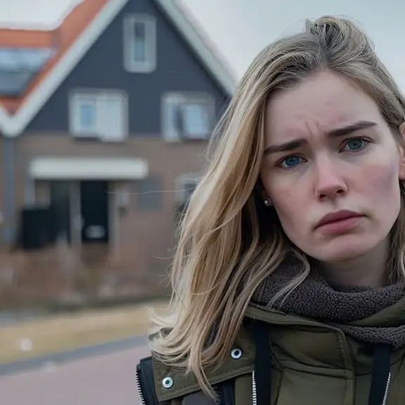 Jonge vrouw kijkt ontevreden en staat voor huurwoning.