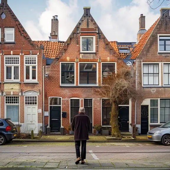 Een straat met huurwoningen en een man ervoor