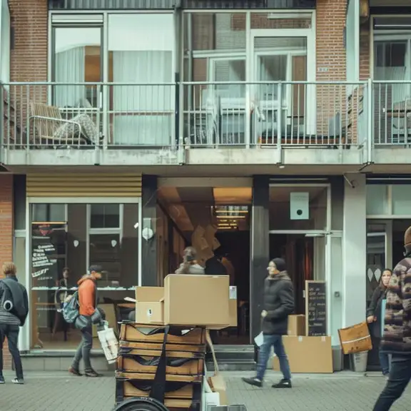 Verschillende verhuisdozen staan bij een appartementencomplex terwijl mensen langslopen.