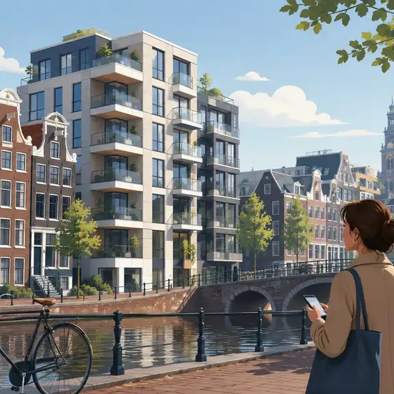 Illustratie van woningzoekenden bij moderne appartementen en grachtenpanden in een Nederlandse stad