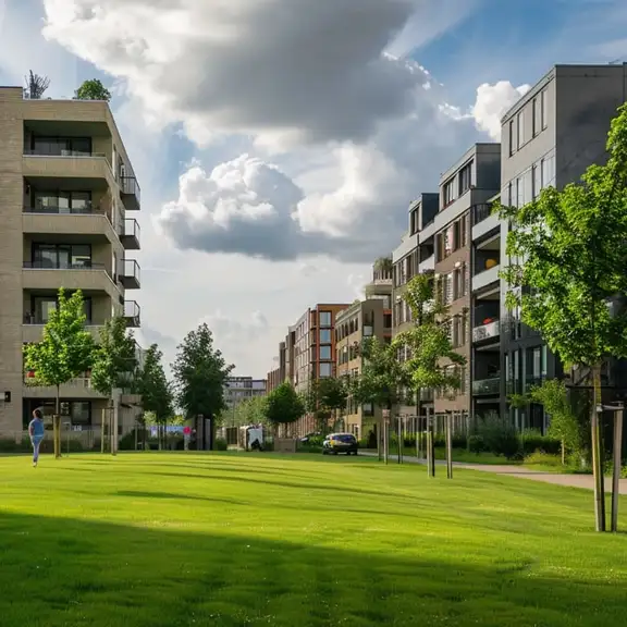 Verschillende huurwoning flats met daartussen een groen grasveld