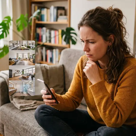Woningzoeker bekijkt twijfelend een huurwoning op TikTok en let op oplichting