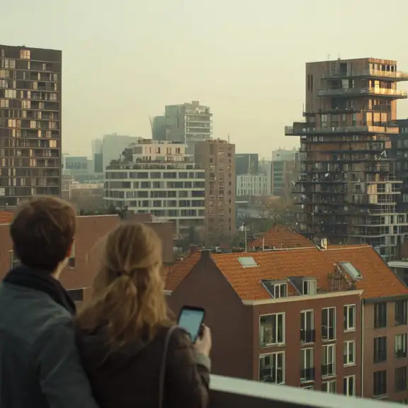 Koppel kijkt uit over een Nederlandse stad met huurwoningen en hoogbouw, één van hen houdt een smartphone vast.
