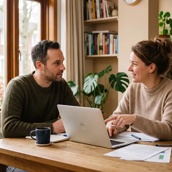 Twee mensen overleggen aan tafel over opties bij een te laag inkomen