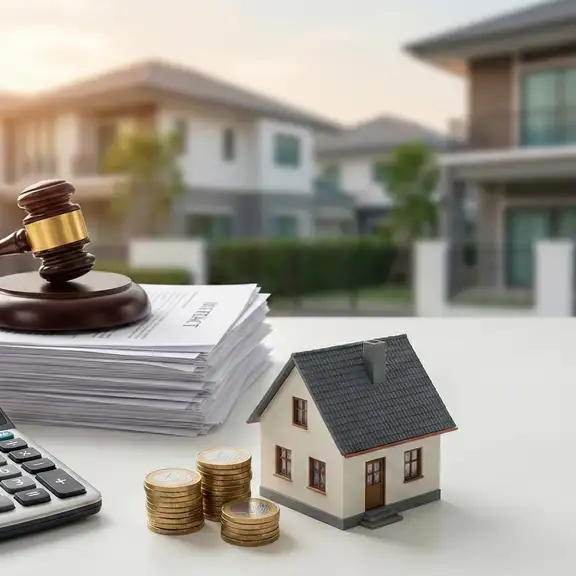 Een stilleven op een witte tafel met een rekenmachine, stapels euromunten, een miniatuur huis