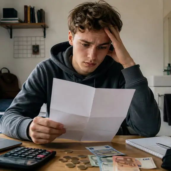Student leest bezorgd een huurverhogingsbrief in zijn kamer met laptop, rekenmachine en geld op tafel.