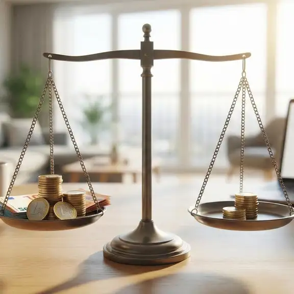 Weegschaal met geld in een woonkamer voor een eerlijke verdeling van de huur naar rato.