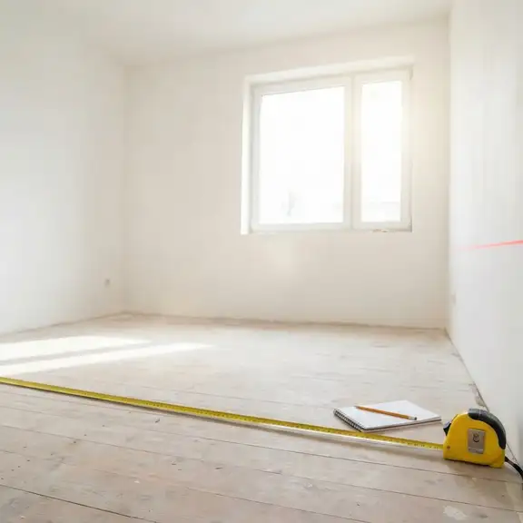 foto van een kamer met een meetband en iemand die met een laser de m2 en m3 meet.