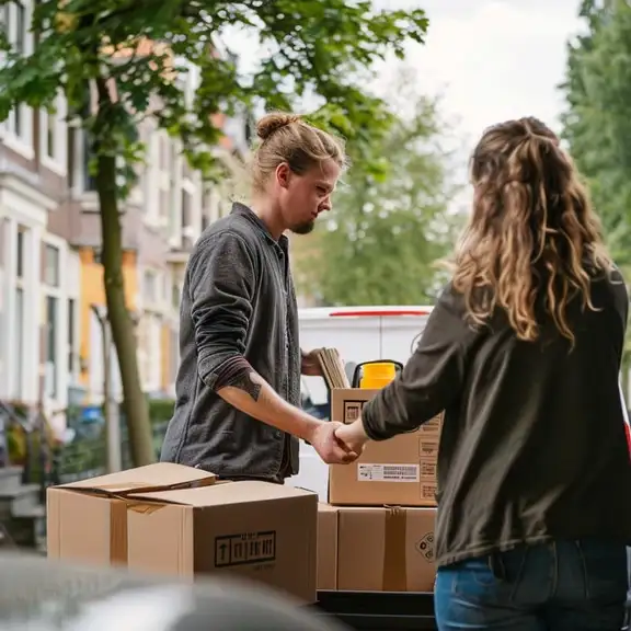 iemand met verhuisdozen bij een busje