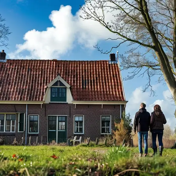 Een koppel staat voor een typisch Nederlands huis met rode dakpannen en grasveld aan de voorkant