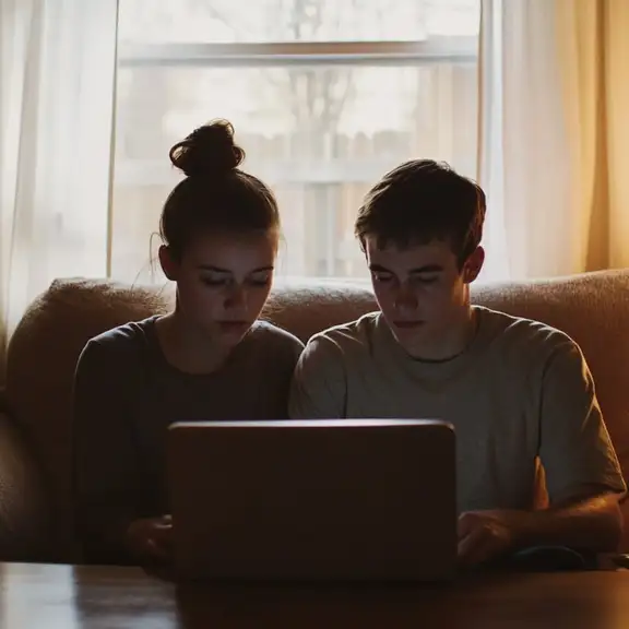 Koppel kijkt naar een laptop voor huurwoningen in het middensegment.