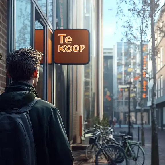 Een man kijk naar een huurwoning wat te koop staat.