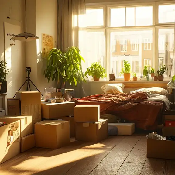 Verhuisdozen staan in een appartement vol spullen wat duidt op een goede uitzet checklist.