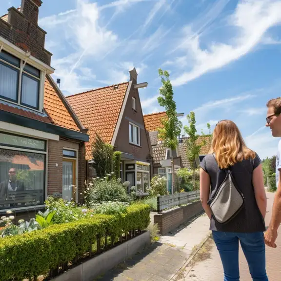 een cartoon van een koppel die naar een huurwoning kijkt