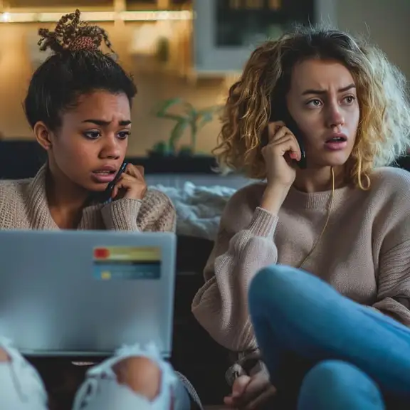 Twee geschrokken vrouwen die zijn opgelicht via marktplaats