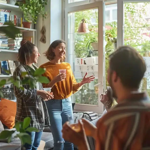 Vrienden praten met elkaar op een housewarming