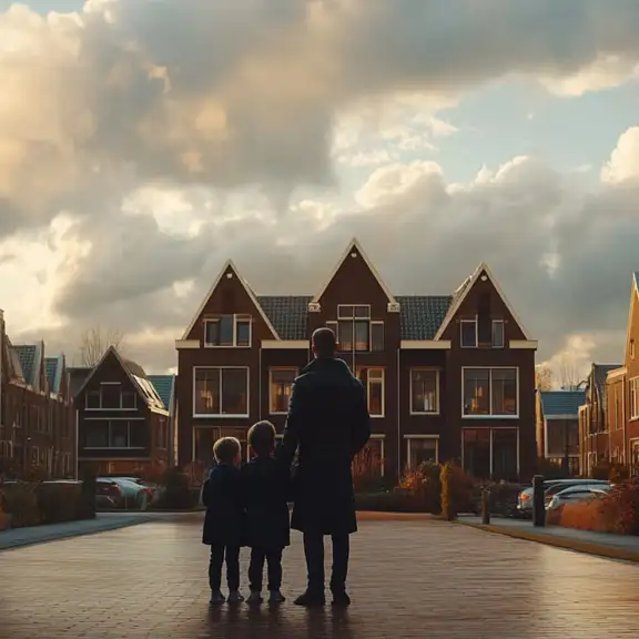 Jong gezin staat voor uitverkocht woningproject in Nederland, kijkend naar de huizenmarkt