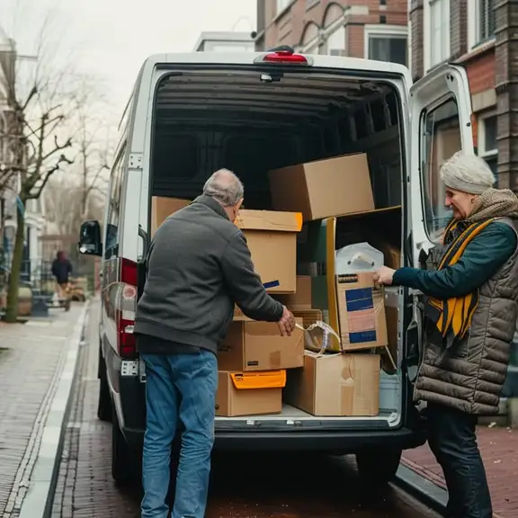 Een man en vrouw zijn een verhuiswagen aan het inladen met verhuisdozen